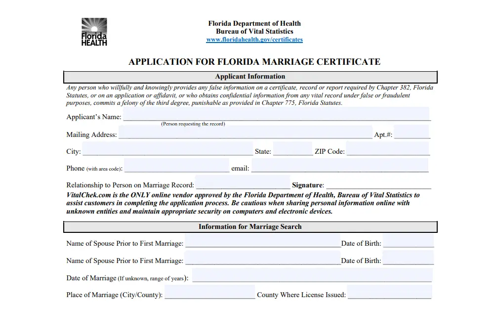A screenshot showing the Application for Florida Marriage Certificate form that must be filled out and submitted when one requests a marriage certificate.