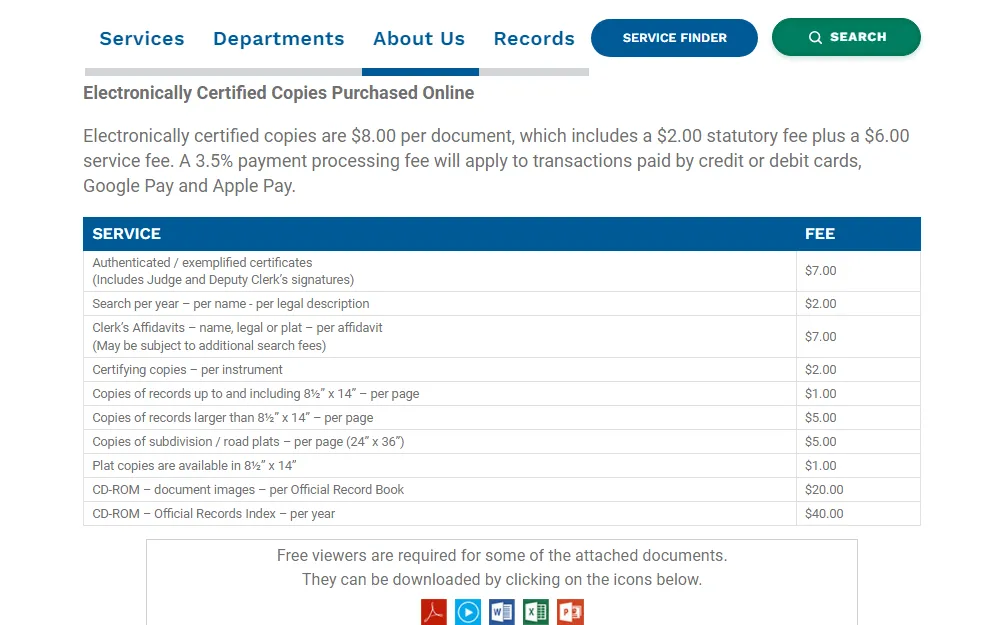 A screenshot showing a service fee list when one requests or purchases certified copies online.