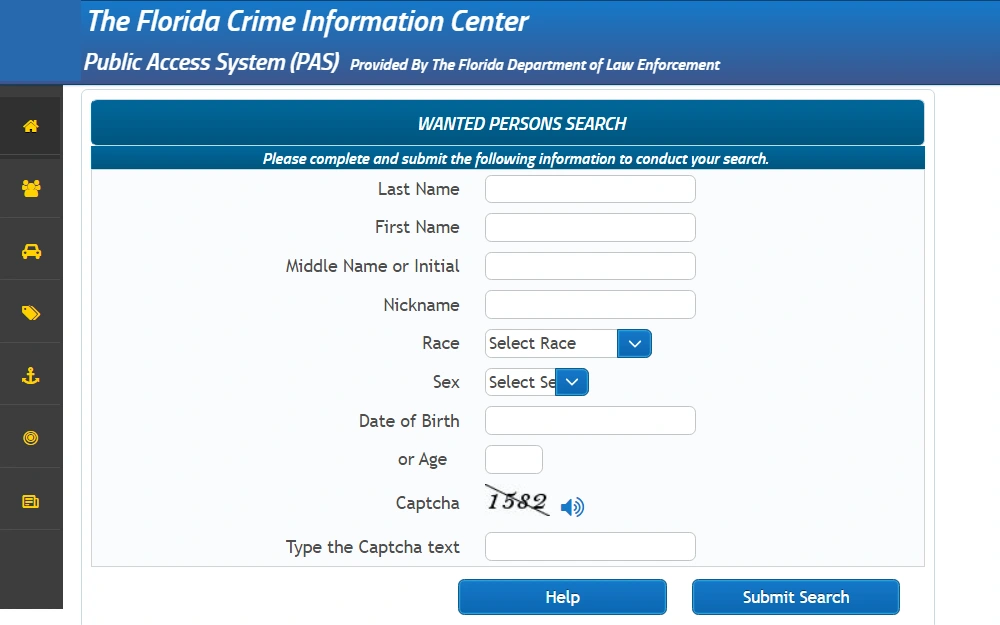 A screenshot showing the Public Access System (PAS) portal provided by the Florida Department of Law Enforcement, where one can search for a wanted person.