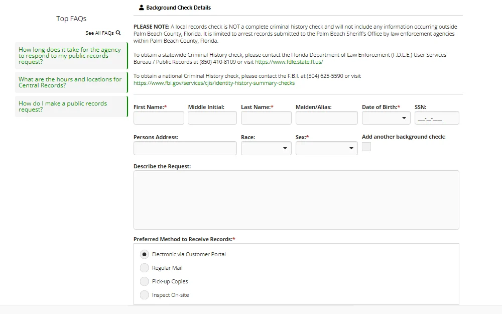 A screenshot showing the Background Check Requests form provided by the Palm Beach County Sheriff's Office, where one can request a Background check of an individual.