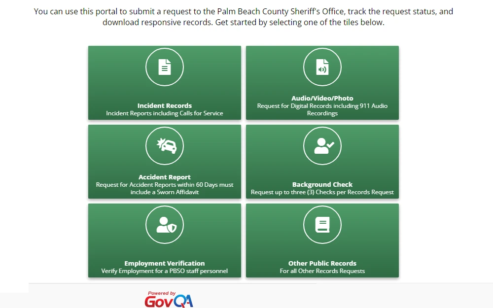 A screenshot showing six request forms provided by the Palm Beach County Sheriff's Office, on which one can request, track request status, and download records.