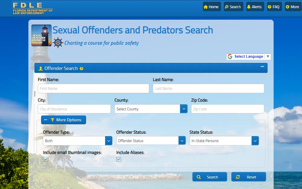A screenshot showing the Sexual Offenders and Predators Search portal provided by the Florida Department of Law Enforcement, where one can look for an offender by providing the name, address, and other info.