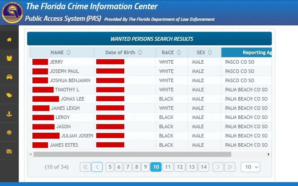 Screenshot of the results of the wanted persons search from the Florida Department of Law Enforcement, listing the offender's name, date of birth, sex, race, and reporting agency.