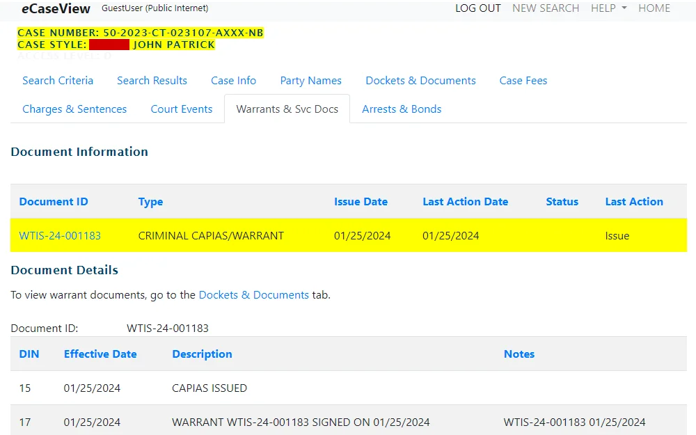 A screenshot from the eCaseView of Palm Beach County Clerk of Circuit Court & Comptroller displaying the warrant details under the 'Warrants and Svc Docs' tab including document ID, type, dates of issuance and last action, status, and last action.