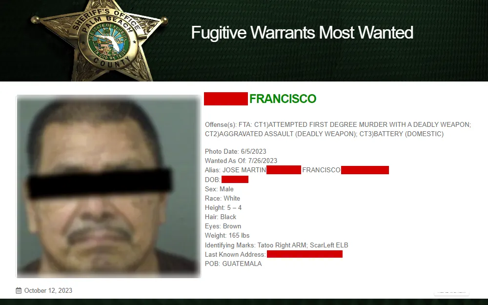 A screenshot of the details of one of the wanted fugitives in Palm Beach County, displaying his mugshot, name, aliases, date of birth, offenses, and other descriptors such as sex, race, height, weight, hair and eye colors. identifying marks, and last known address.