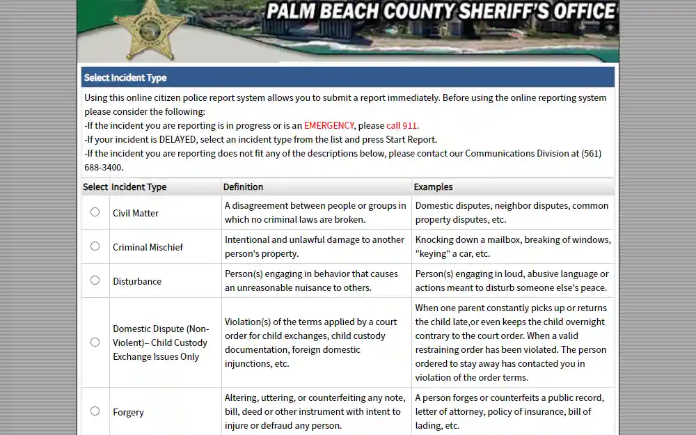 A screenshot of the first page of the online police report submission by the Palm Beach County Sheriff's Office, displaying some of the options for the incident type and a few related reminders about the online system.