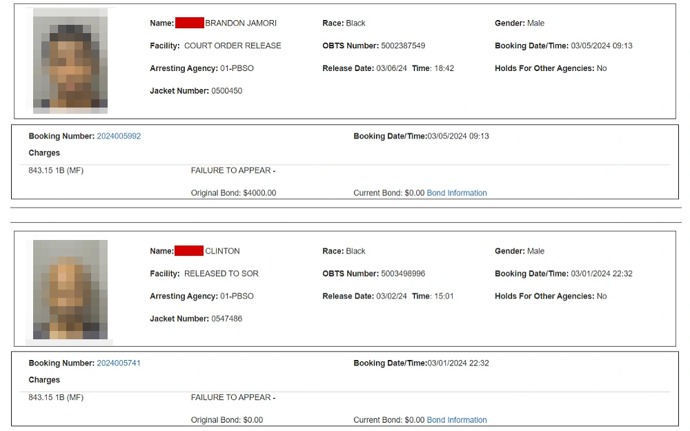 A screenshot displaying booking blotter search results shows a mugshot photo, name, facility, race, arresting agency, jacket number, OBTS number, release date, and time.