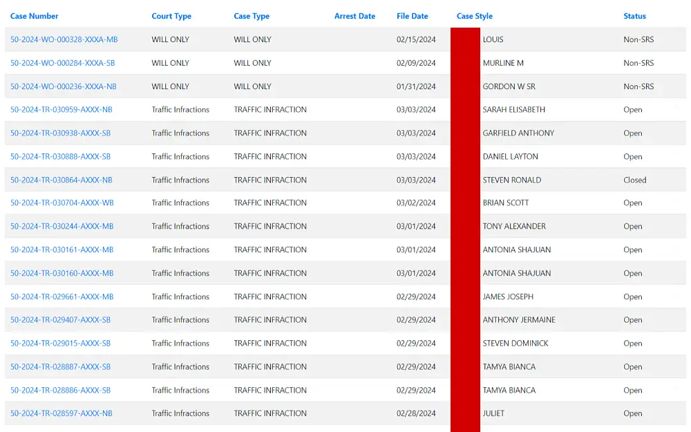 A screenshot showing case search results displays the case number, court and case type, date filed and arrested, case style, and status from the Palm Beach County Clerk of the Circuit Court & Comptroller website.