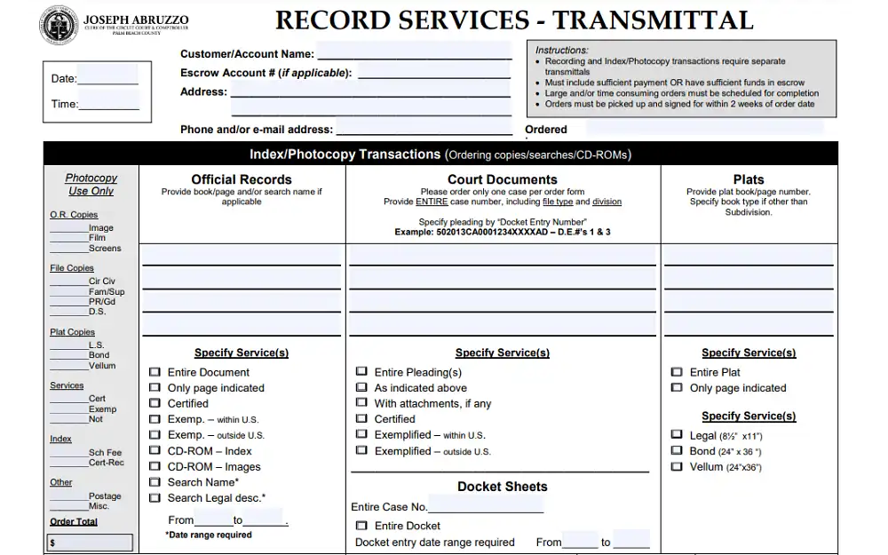 A screenshot showing a record services transmittal form with details to fill out, such as customer or account name, escrow account number, address, phone number or email address.