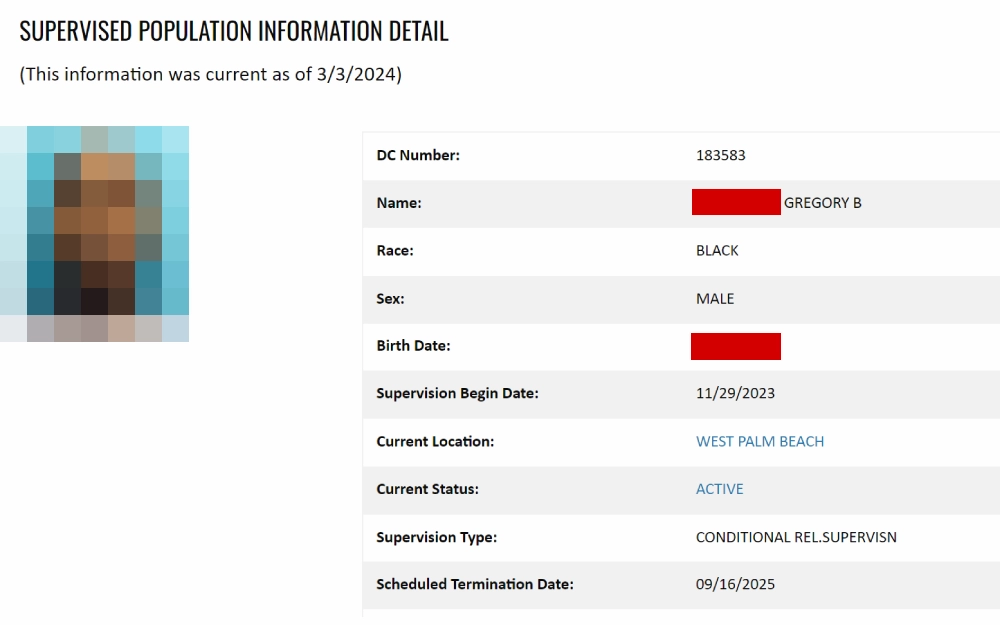 A screenshot showing supervised population information, including a mugshot photo and details such as the person's full name, DC number, sex, race, birth date, supervision begin date, supervision type, and scheduled termination date.