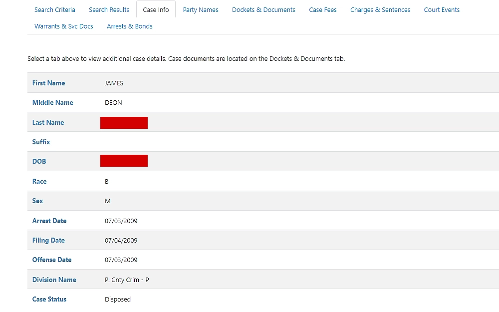A screenshot showing a sample Case info result when one searches through the eCaseView search portal.