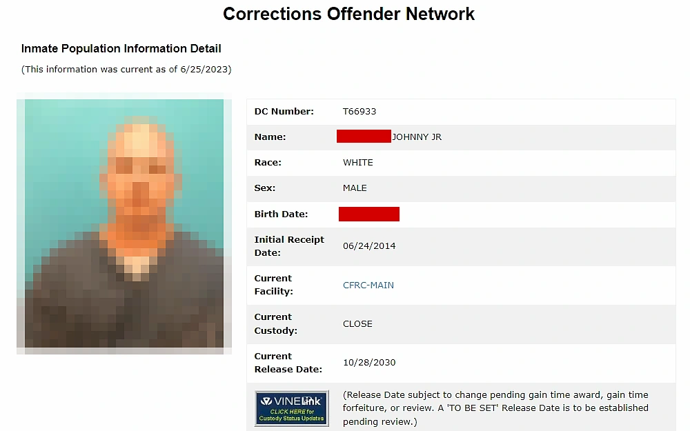 A screenshot showing a sample inmate population information detail from the Corrections Offender Network when one looks for an offender's record.