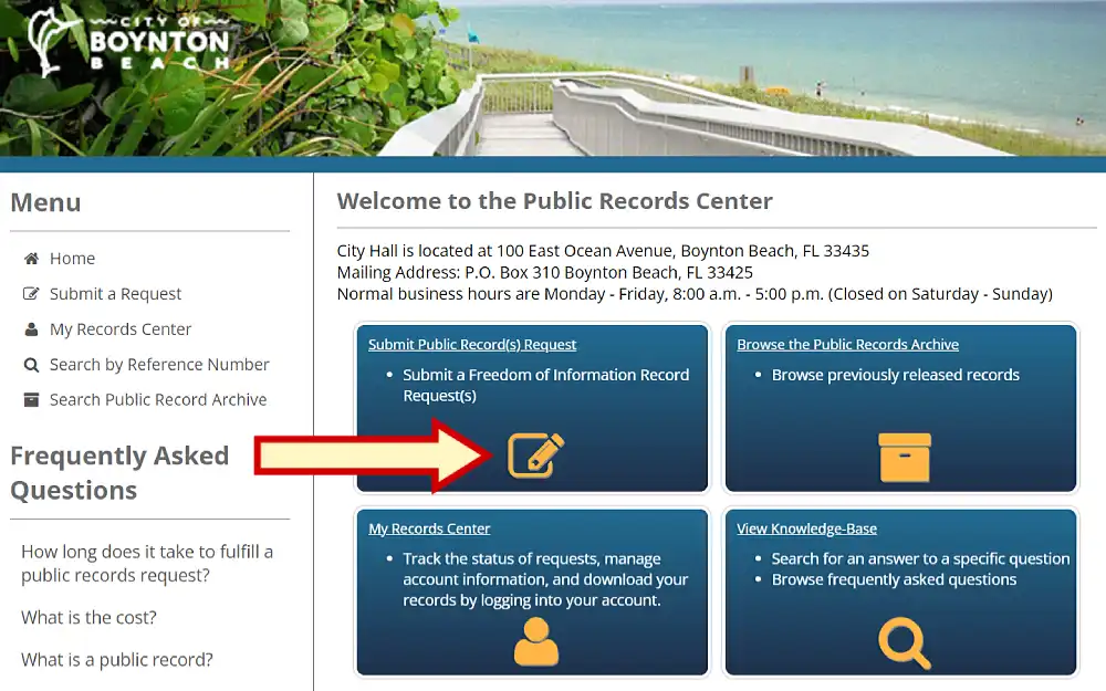 A screenshot featuring the public records center, with options to submit or browse a public records request, my records center, and view the knowledge base.