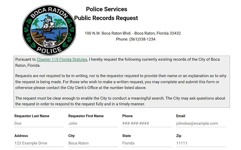 A screenshot showing the Boca Raton Police Department police services public records request with details to be filled in, such as the requestor's first and last name, phone number, email address, address, city, state, and zip code.